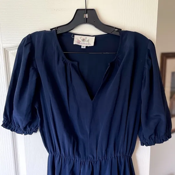 Soler ArossGirl Brooke Silk‎ Midi Dress Puff Sleeve 40s Style Chic Navy M EUC - Image 3