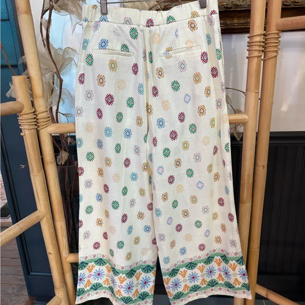Maison d'Amélie Wide Leg Ankle Cropped Pants Floral Border Pockets Size M 💛🍄 - Image 6