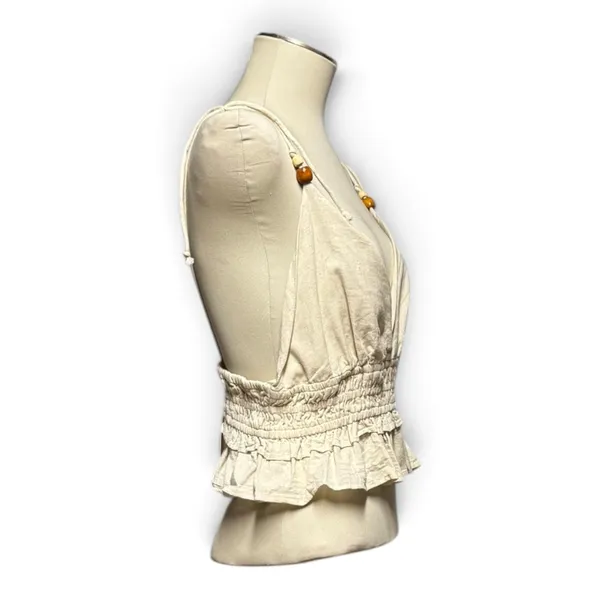 Sim & Sam Cotton Linen Cropped Smocked Top V-Neck Natural Oatmeal Tan Beige XL - Image 6