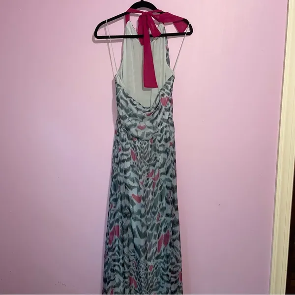Erin Maxi Dress Women Size 8 Halter Sheer Overlay Abstract Print Preppy Sundress - Image 5