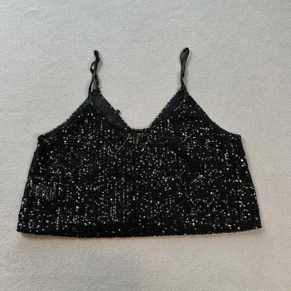 Triple Seven Sequin Cami Tank Top Black L Sparkly Adjustable Straps Tie V Neck - Image 2