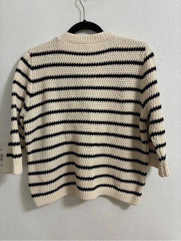 Zara Cream & Black Striped Crochet Cardigan NWT XL - Image 3