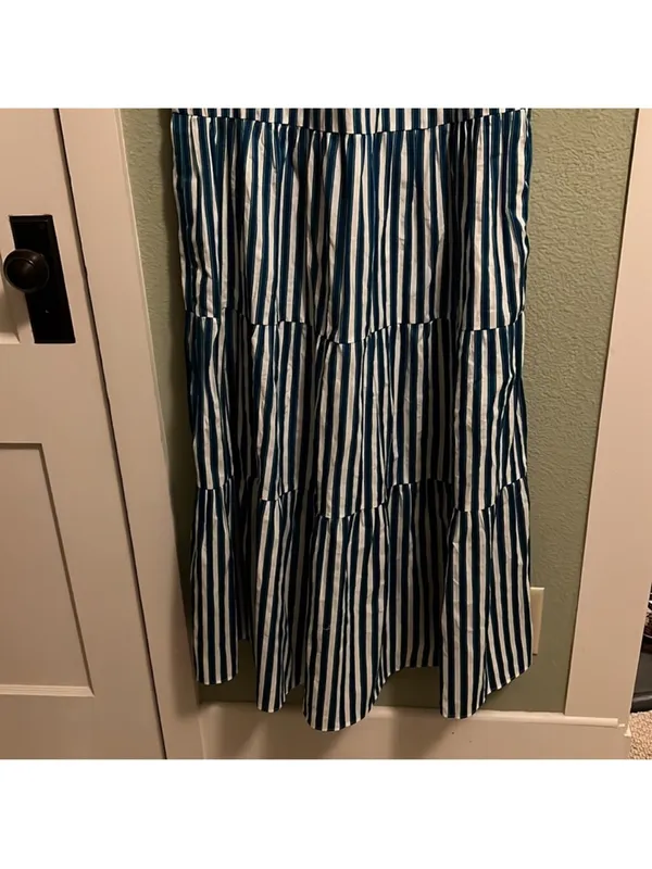 J. Crew Tiered Cotton Dobby Dress in Cape Blue White Green Stripe Large - Image 9