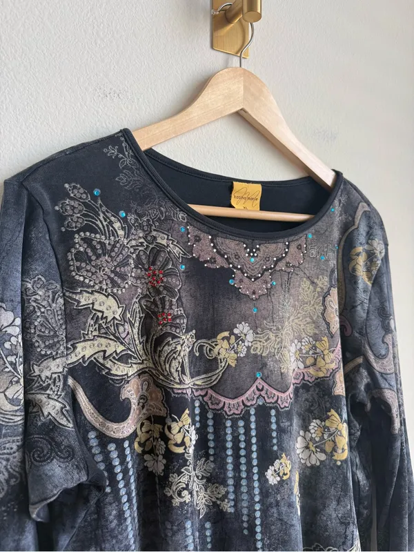 Vintage Katina Marie Y2K Rhinestone Graphic Top 3/4 Sleeve Made USA XL - Image 5