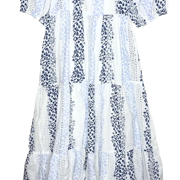 ZARA Floral Tiered Eyelet Lace Maxi Dress Medium White Blue Cottagecore Prairie - Image 15