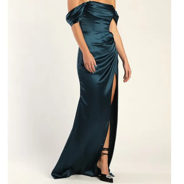 NEW Lulus Stunning Arrival Dark Teal Satin Off-the-Shoulder Maxi Gown Dress - Image 2