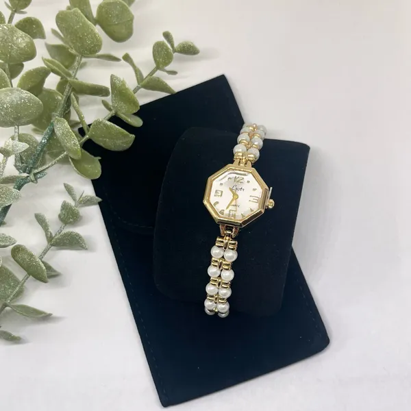 Dainty Gold Tone Pearl Watch - Image 5
