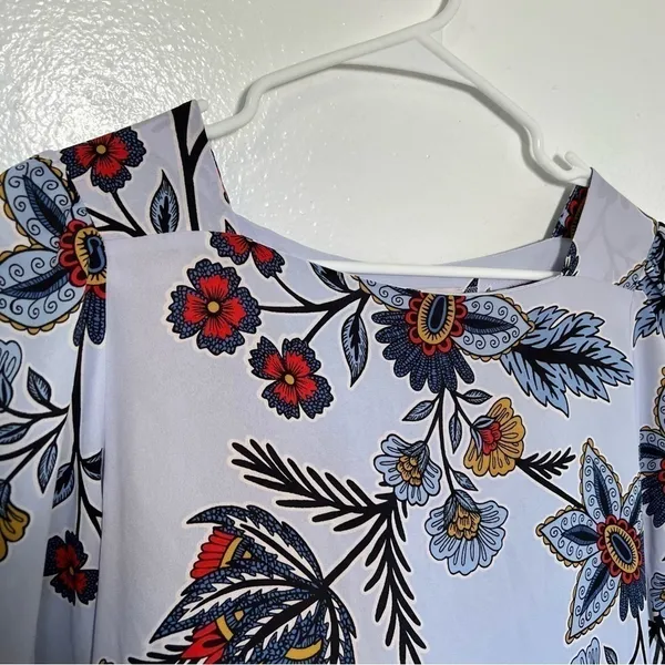 Loft Women's Size Small Square Neck Blouse‎ Light Blue Floral Red Gold White - Image 6