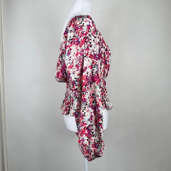 ASTR The Label Floral Smocked Long Sleeve Peplum Blouse Elastic Waist Size M - Image 3