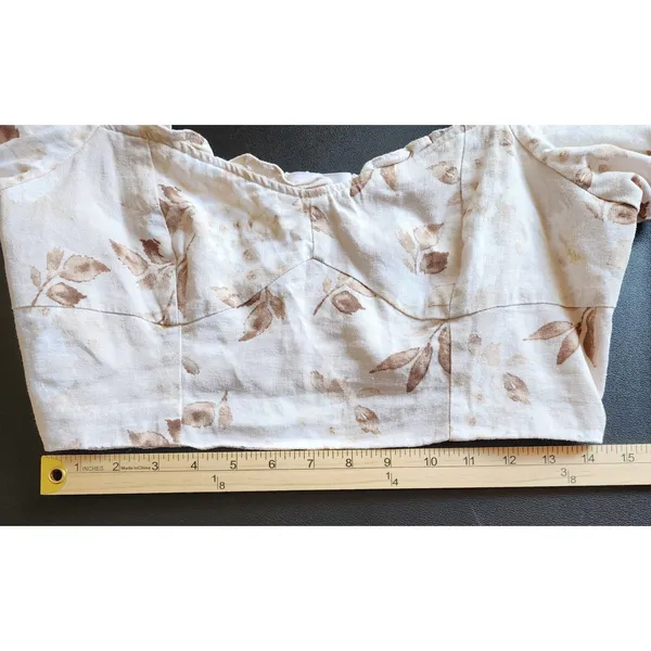 House of Harlow 1960 Linen Blend Sweetheart Crop Top Cream Brown Print Puff , 10 - Image 5