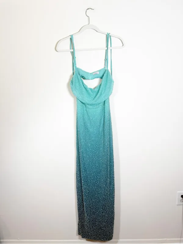 Oh Polly Monte Carlo Embellished Maxi Dress Beaded Green Blue Ombré Size 10 - Image 4