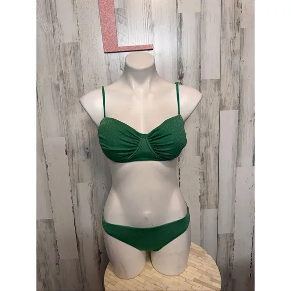 Green Sparkle 3-Piece Bikini Set Women’s Size L | Ruched Top + Bottoms + Sarong - Image 9