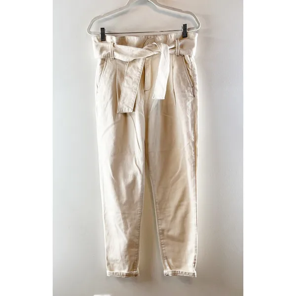 Sezane High Rise Paperbag Belted Tapered Straight Leg Jeans Cream 36 - Image 2