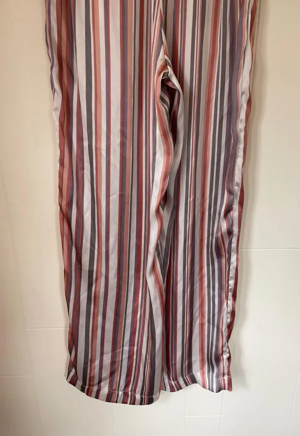 satin striped pants elastic waist belted pink grey women’s size M - Image 5