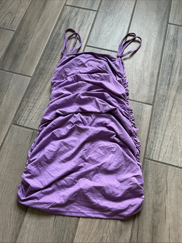 Ruched Purple Mini Dress with Spaghetti Straps Size M - Image 3