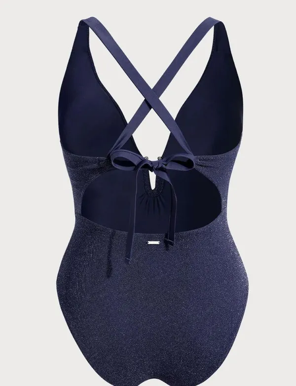 Berlook Plus Size Blue V Neck Plus Size One-Piece Swimsuit - Image 6