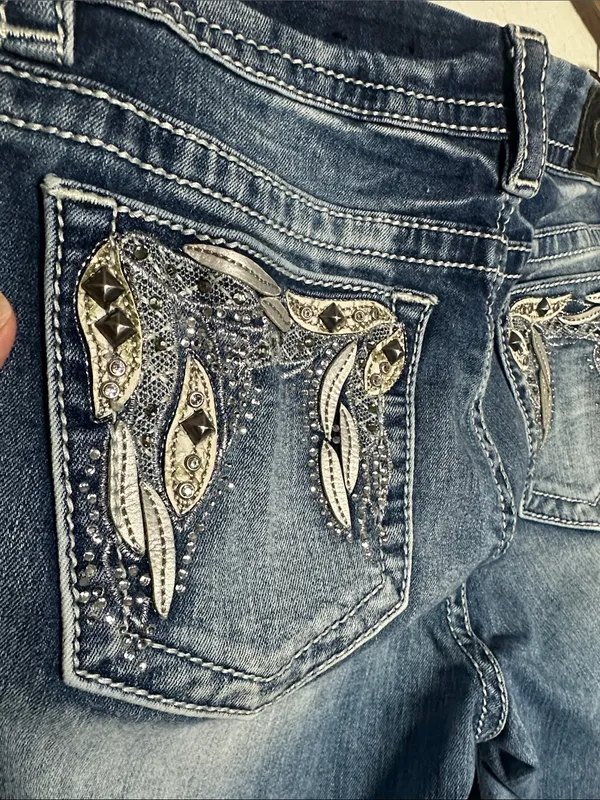 Miss Me Jeans Women's Blue Diamond Studded Pockets Y2K Bling Cowgirl - Image 5