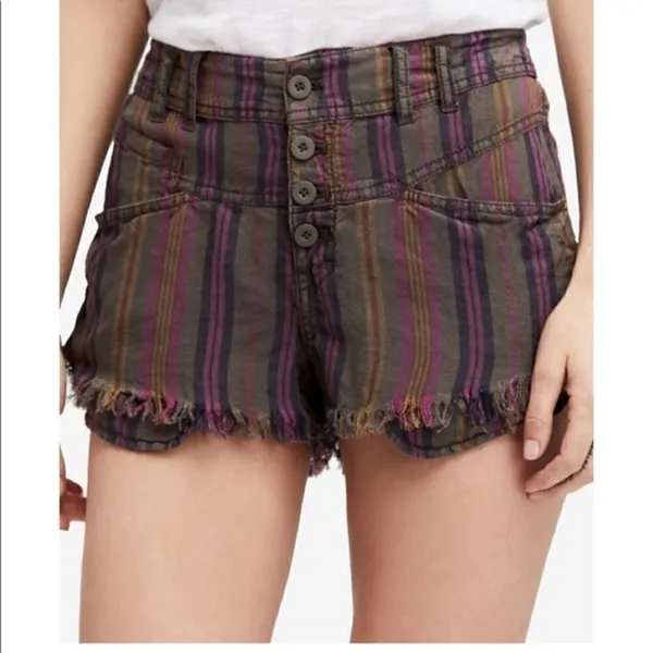 Free People Morning Rain Linen Striped‎ Cut Off Shorts 0 - Image 2