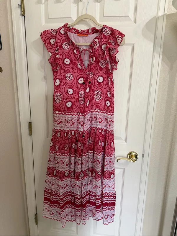 Oliphant Tuckernuck Jaipur Pink Rose Ruffle Bohemian Boho Maxi Dress Flowy - Image 2