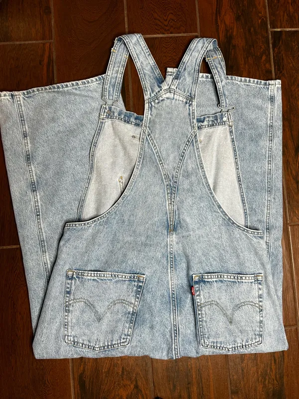 Levi’s Apron Front Tie Wide Leg Light Wash Denim Overalls Women’s XS - Image 4