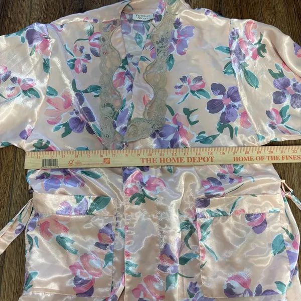 VTG Victorias Secret‎ Gold Label Floral Satin Robe Lace Light Pink Romantic sz M - Image 13