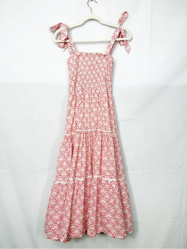 Mon Coco Lucy Convertible Smocked Tiered Maxi Midi Dress Red Vines Block Print - Image 4