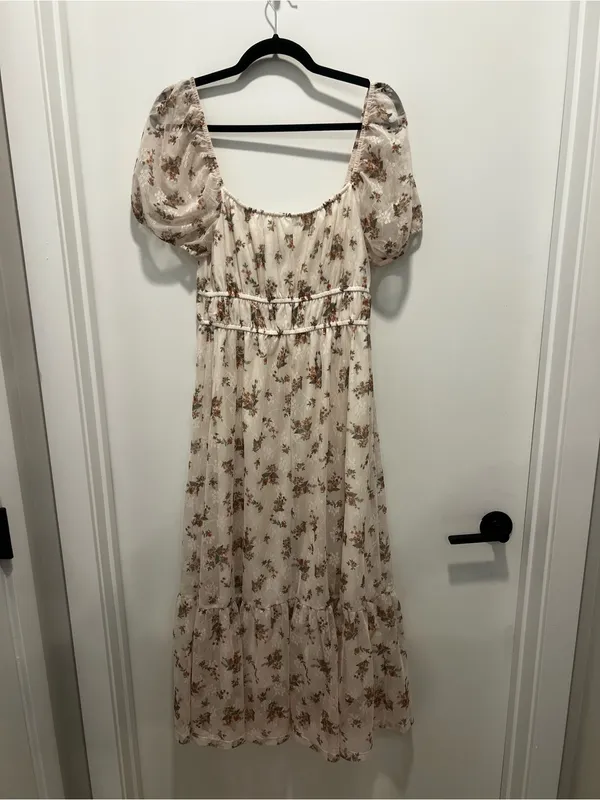 Blu Pepper Cream Floral Puff-Sleeve Milk Maid Midi Dress - Image 4