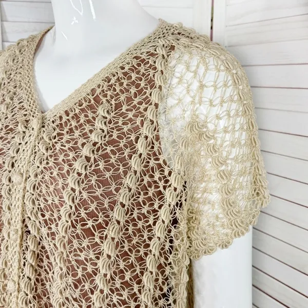 Vintage Boho Crochet Lace Sheer Topper Cardigan Button Up Tan Medium Cottagecore - Image 5