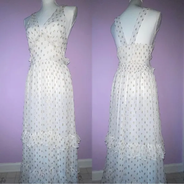 NEW En Creme Maxi Dress M Boho Metallic Polka Dot Cutout Ruffle Tiered - Image 2