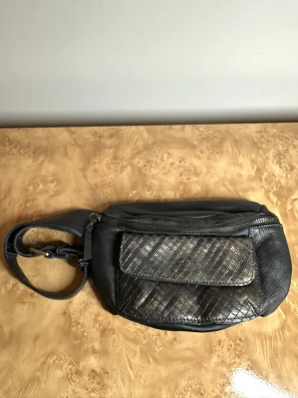 Free People Black Leather Convertible Belt Bag Woven Leather Waist Crossbody - Image 3
