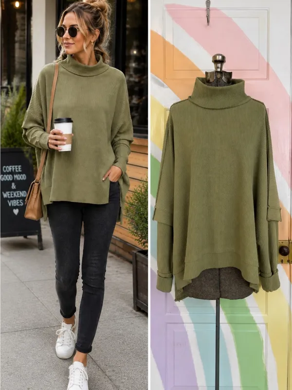 BKE Olive Green Waffle Knit Poncho Sweater Mock Neck Dolman Sleeve Sz S 💚🍄 - Image 2