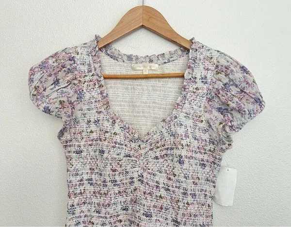 LOVESHACKFANCY Floral Smocked Mini Dress Puff Sleeve Asymmetric Ruffle Coquette - Image 7
