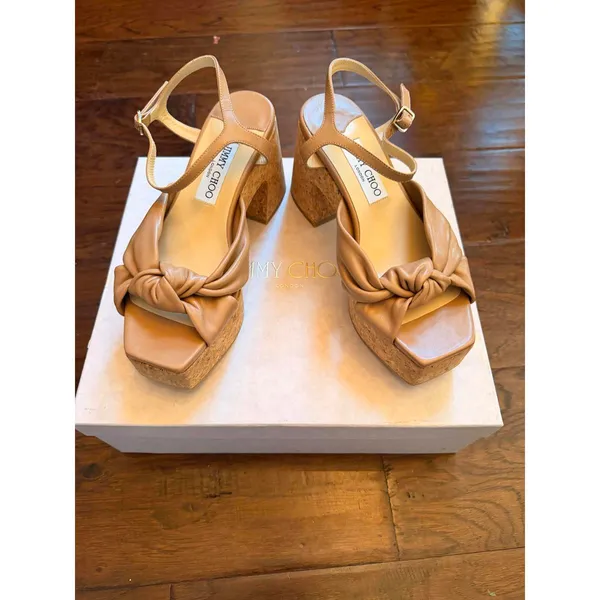 Jimmy Choo Beige Leather Platform Sandals with Cork Heel - Image 3