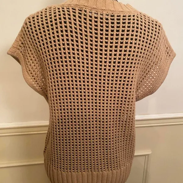 Tan crochet knit sweater with openwork pattern, size M Short sleeve Layer Size M - Image 2