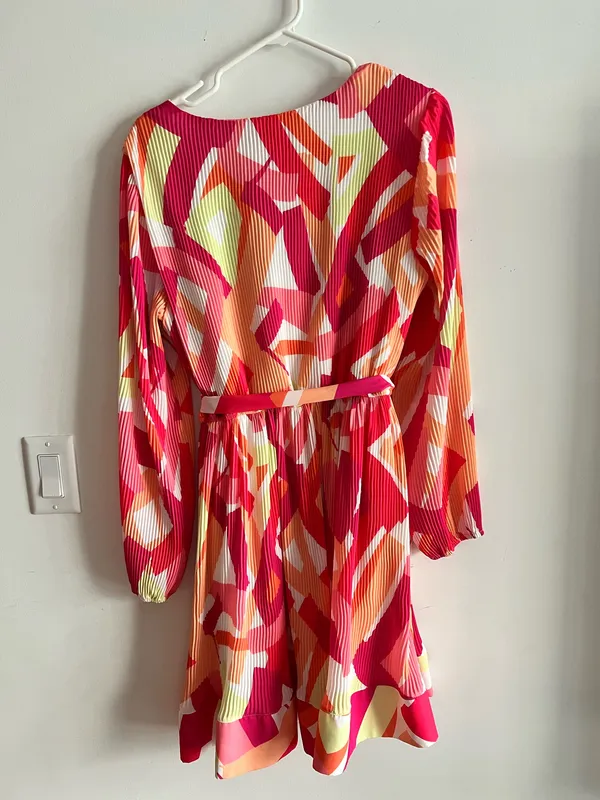 Nicole Miller NY Pleated Mini Dress Size L Multicolor Abstract V-Neck - Image 6