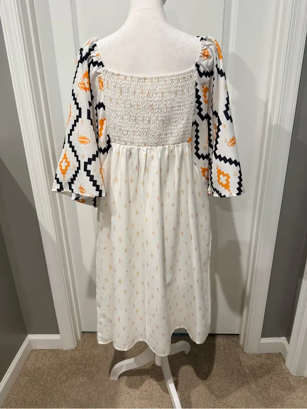 Boutique White Smocked Midi Dress Aztec Puff Sleeve XL - Image 3