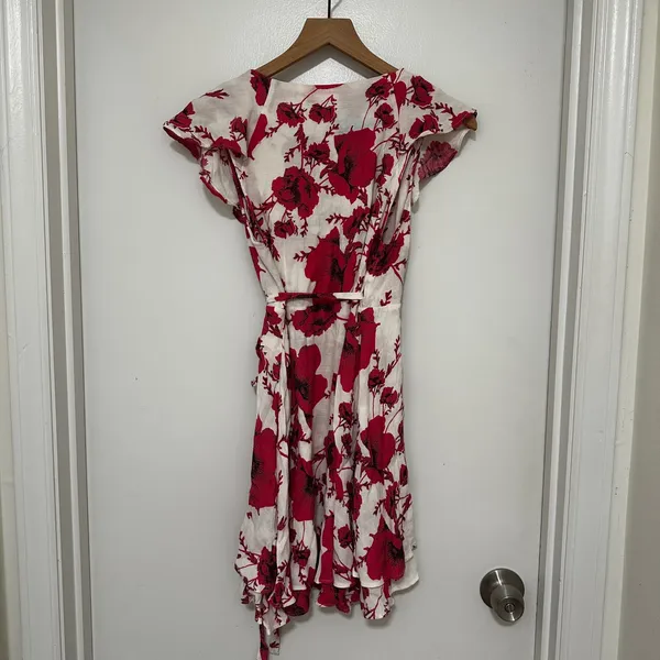 Free People | Women's Red Pink White Floral Ruffle Wrap Mini Dress, Size XS - Image 3