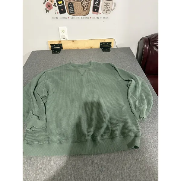Aerie The Sweat Waffle Crew Neck Oversized Long Sweatshirt Royal Palm Sz L - Image 2