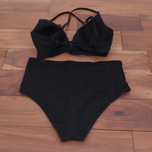 Shade & Shore Black Ribbed Underwire Halter Bikini High Waist Lace Up Set L - Image 5