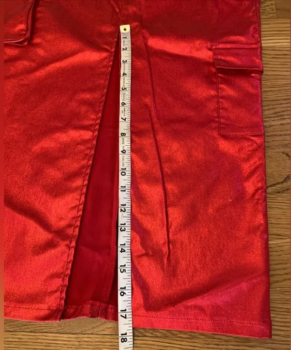 Metallic red strapless midi dress featuring a matching belt and a front slit - Image 12