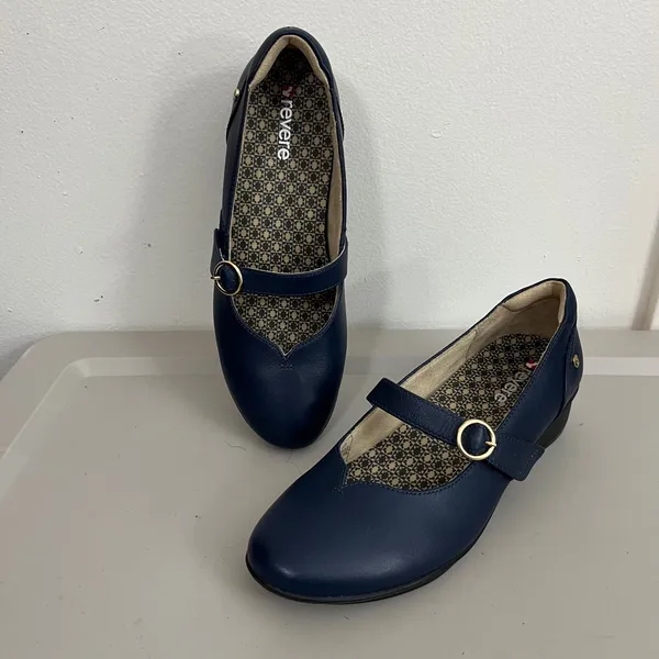 Revere Sicily Mary Jane Shoes 8M Blue Leather Wedge Comfort Career Academia - Image 3