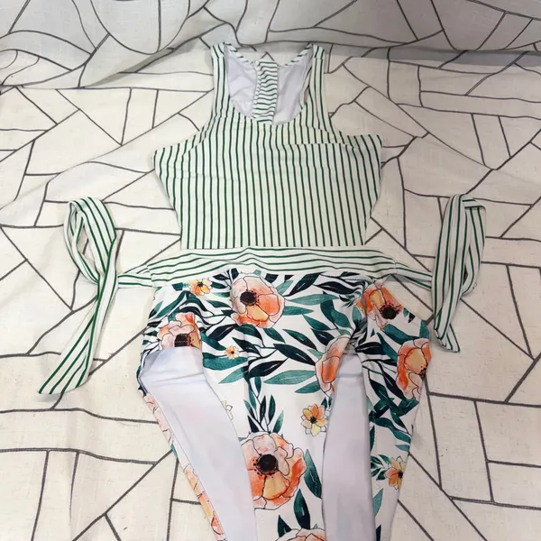 Cupshe One Piece Swimsuit‎ Large Green White Striped Floral Wrap Tie Cutout - Image 3