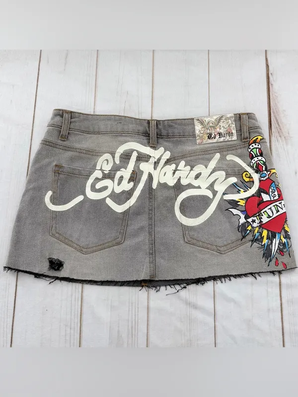 Ed Hardy Gray Denim Mini Skirt with White Script Logo - Image 2