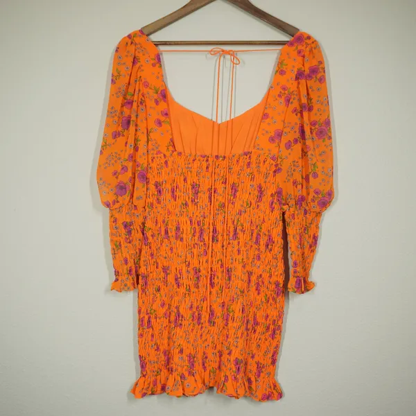For Love & Lemons Orange Floral Smocked Mini Dress Long Puff Sleeve Sweetheart - Image 9