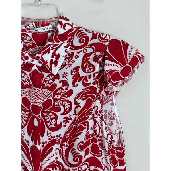Alice + Olivia Shirt Dress Dress Womens S Red White Damask Flutter Sleeve - Image 9