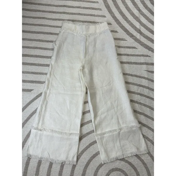 Uterqüe Women Off White Wide Leg Crop Pants Textured Raw Hem Fringe High Waist S - Image 6