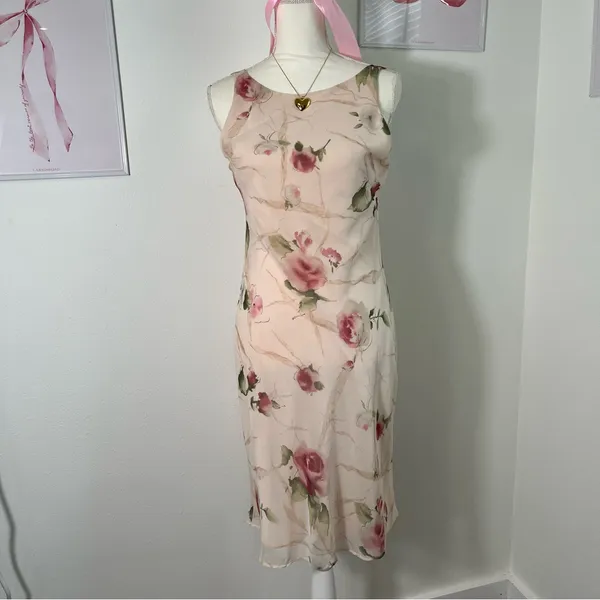 Maurices Deadstock Floral Cream‎ Rose Vintage Y2K Midi Dress Womens Medium - Image 2