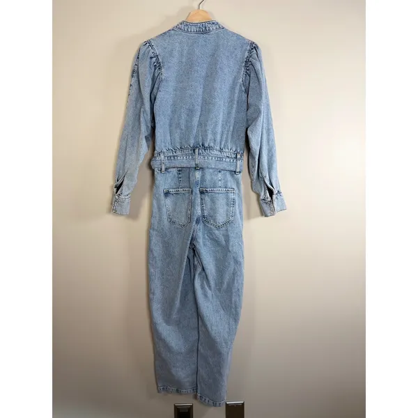 MNG Denim Jumpsuit Women's‎ XS Light Wash Tie Waist Button Front Western NWT - Image 6