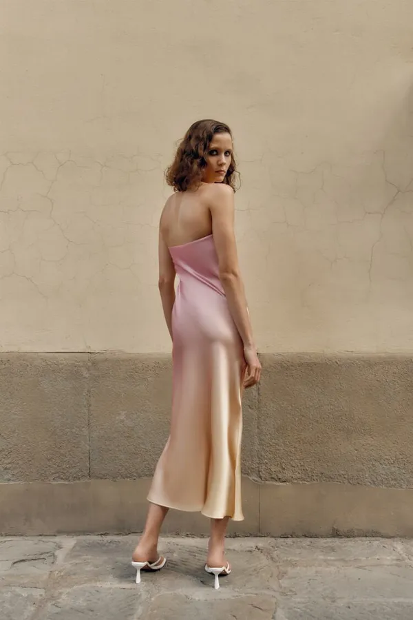midi dress maxi tie die pink beige satin strapless wedding shower date - Image 6