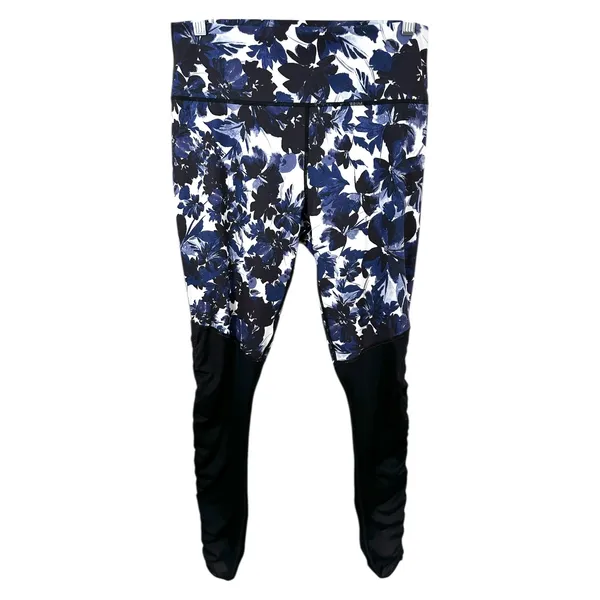 Fabletics XL Leggings High Waisted Blue Floral Print‎ Black Contrast Ruched 1036 - Image 3